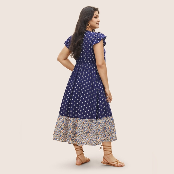 NEW NWT Plus Size Bloomchic Boho Print Ruffle Cap Sleeve Lace Up Dress - Picture 2 of 10